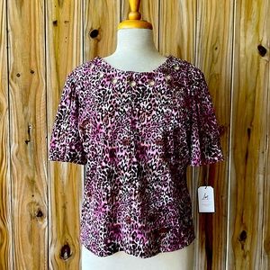 Lina Mayorga Sustainable Stretch Pink Leopard Print Silver Grommet Blouse